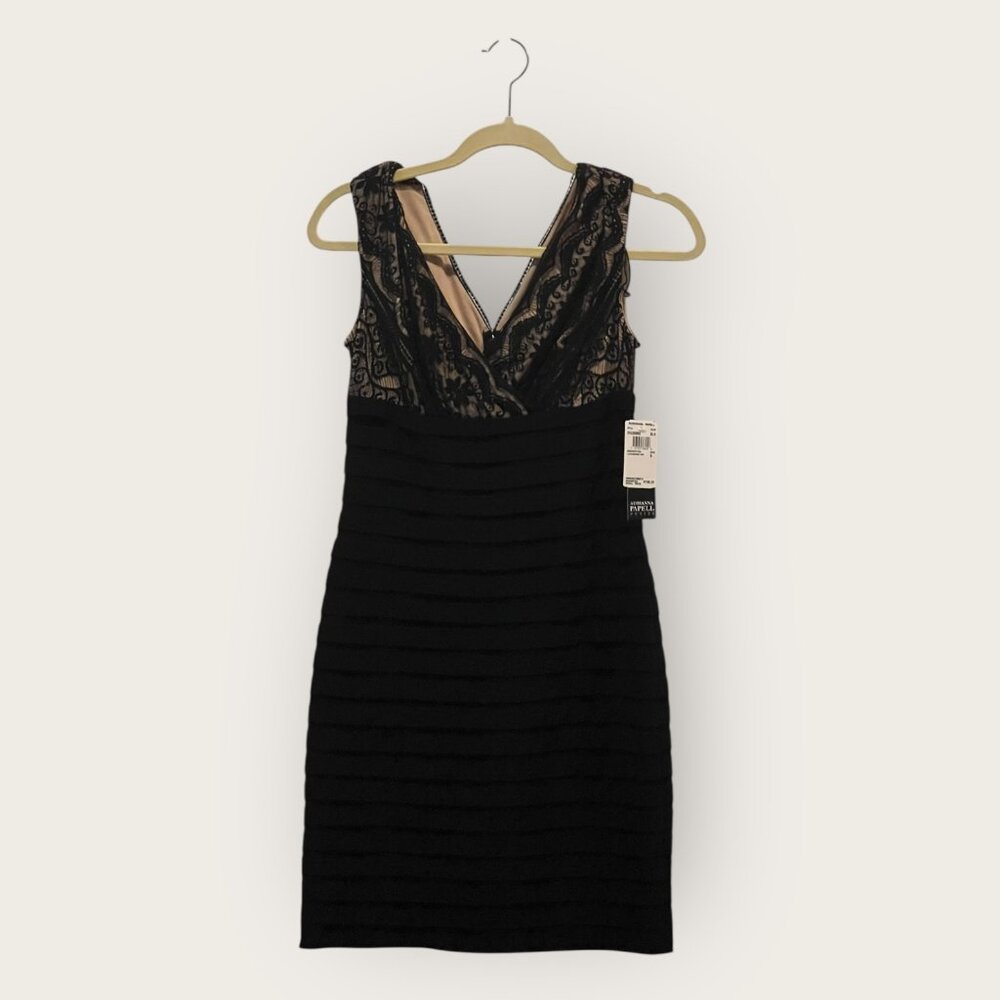 NWT ADRIANNA PAPELL LACE BODICE BANDED BLENDED DRESS, SZ: 6P